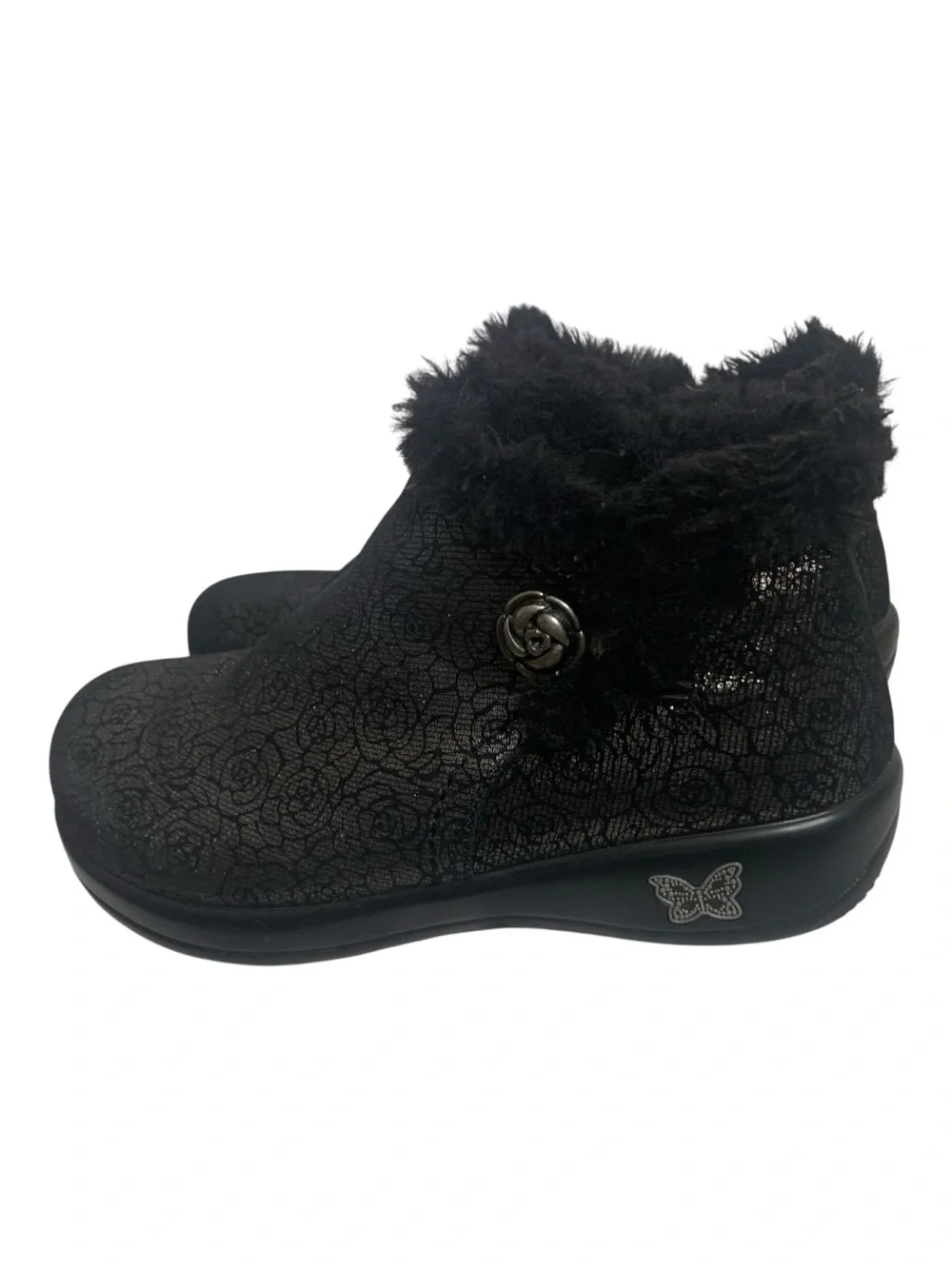 Alegria Meri Black Florette Roses Leather Ankle Boots Faux Fur Trim  36W/5.5-6W